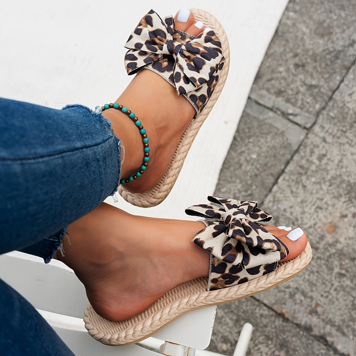 Women's Leopard Print Bowknot Slide Sandals Open-Toe Beach Shoes