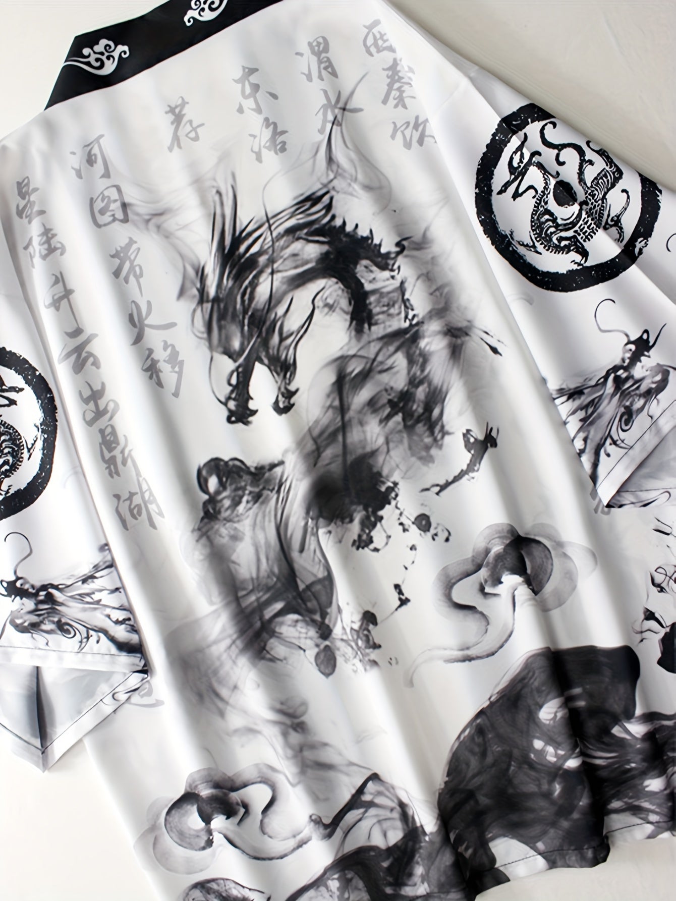 Men's Lightweight Kimono Cardigan with Dragon Print, 3/4 Sleeves, Open Front