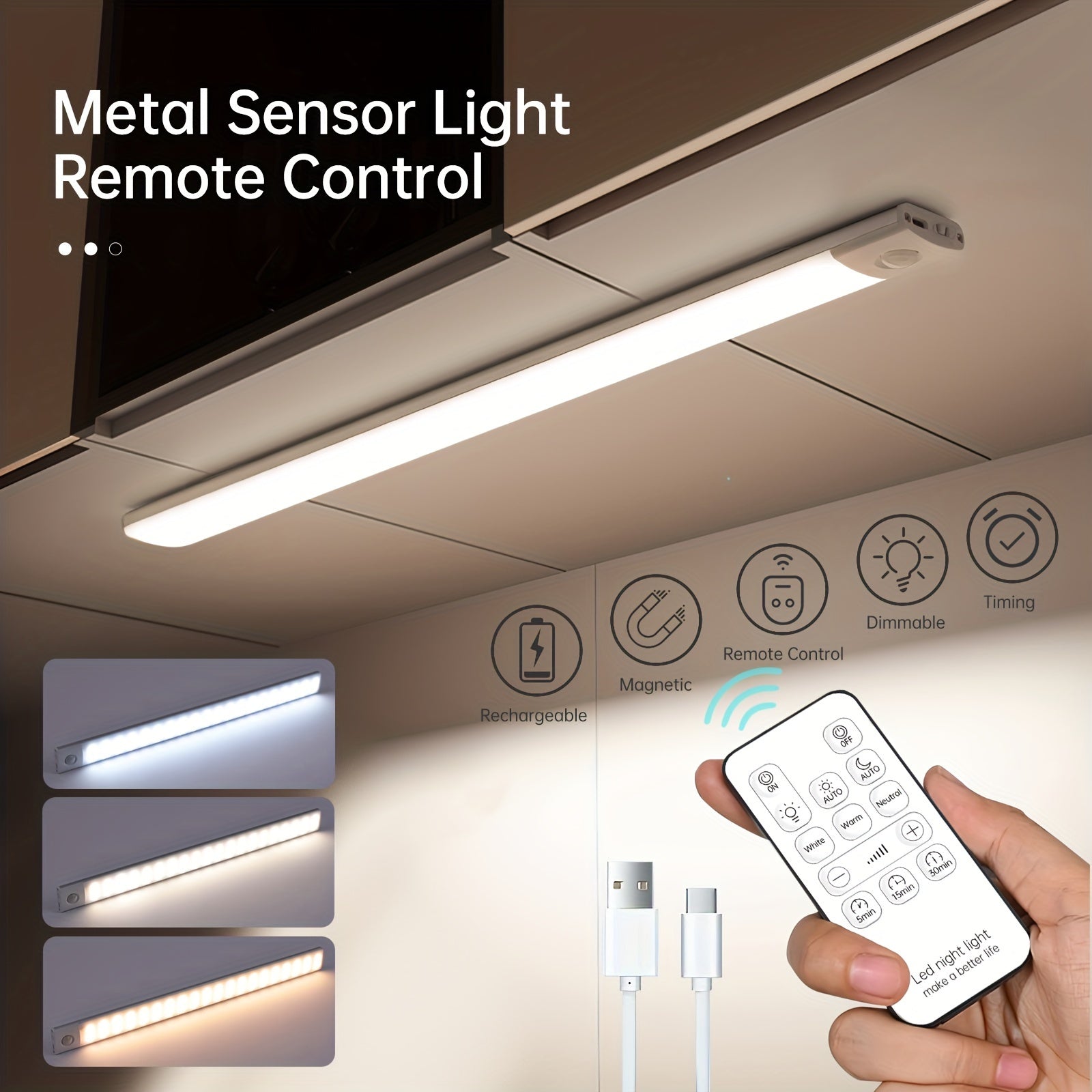 LED Motion Sensor Light for Cabinets Closets and Indoor Spaces with Remote Control Dimmable Timer USB Rechargeable