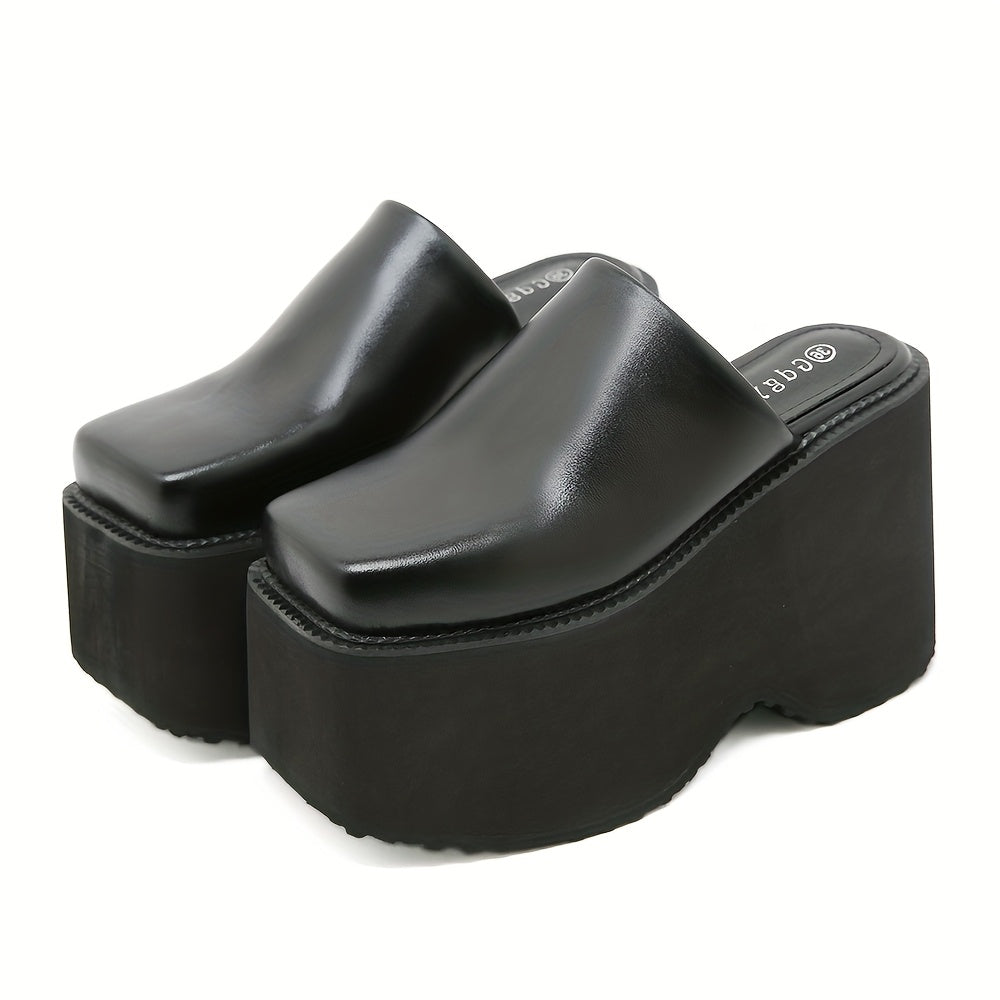 Women Black Square Toe Platform Mules Slip-On Loafers with Thick Heels