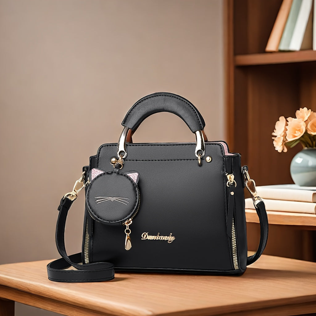 Стильная черная сумка-тоут с регулируемым ремнем, с кошачьим шармом - идеально подходит для поездок на работу и повседневных выходов, может носиться как на плече, так и через плечо.