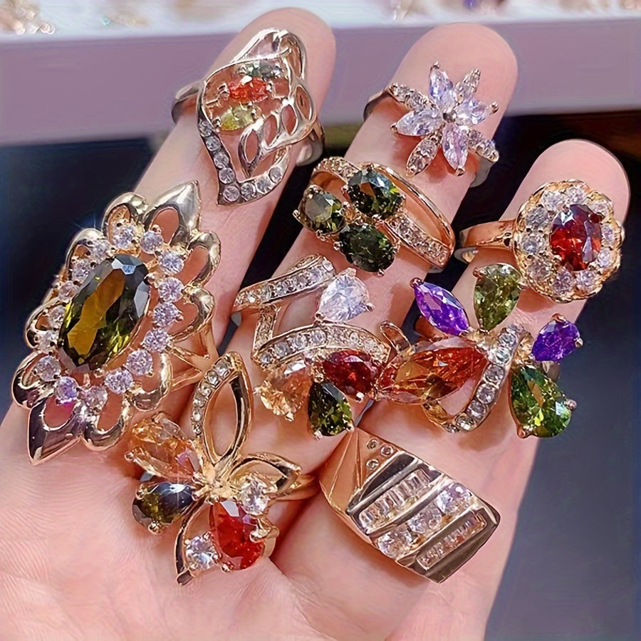 10-Piece Cubic Zirconia Ring Set for Women Floral Design Copper Alloy Elegant Jewelry