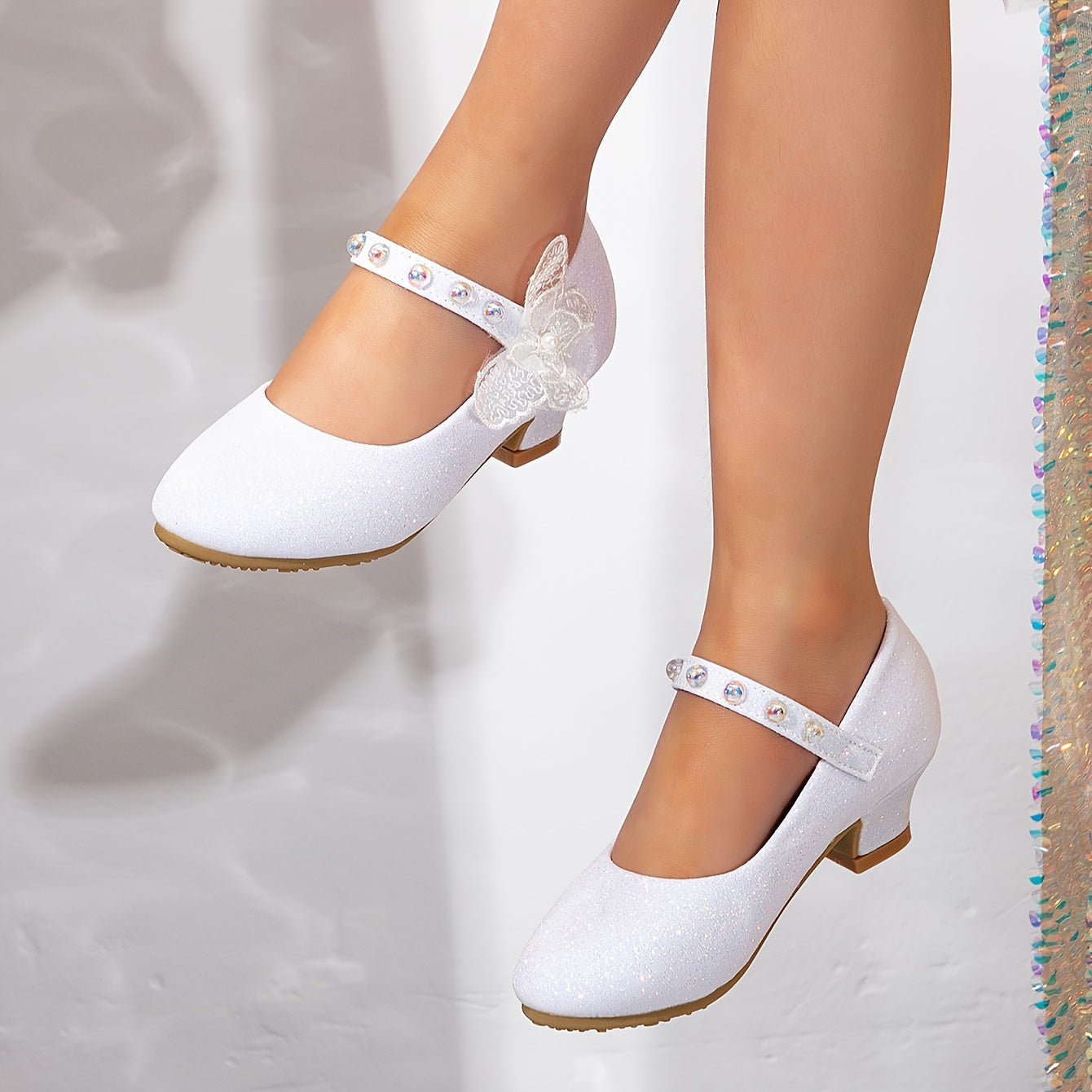 Girls' White Sequin Princess Shoes with Pearl Bow for Dance Performances High Heels