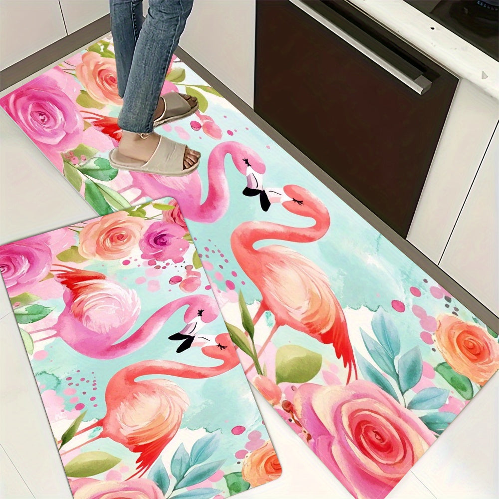 Vibrant Flamingo Floral Anti-Slip Floor Mat 100% Polyester Washable Absorbent