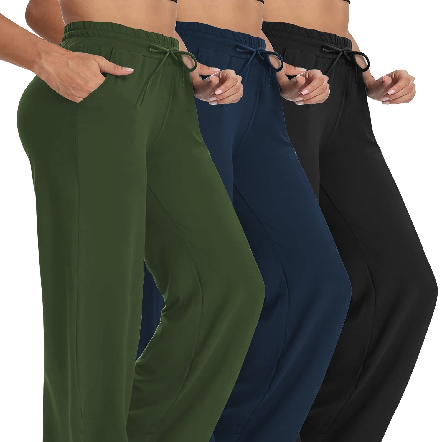 Pantalones de mujer de talla grande de pierna ancha, pack de 3, de tiro alto, elásticos y casual