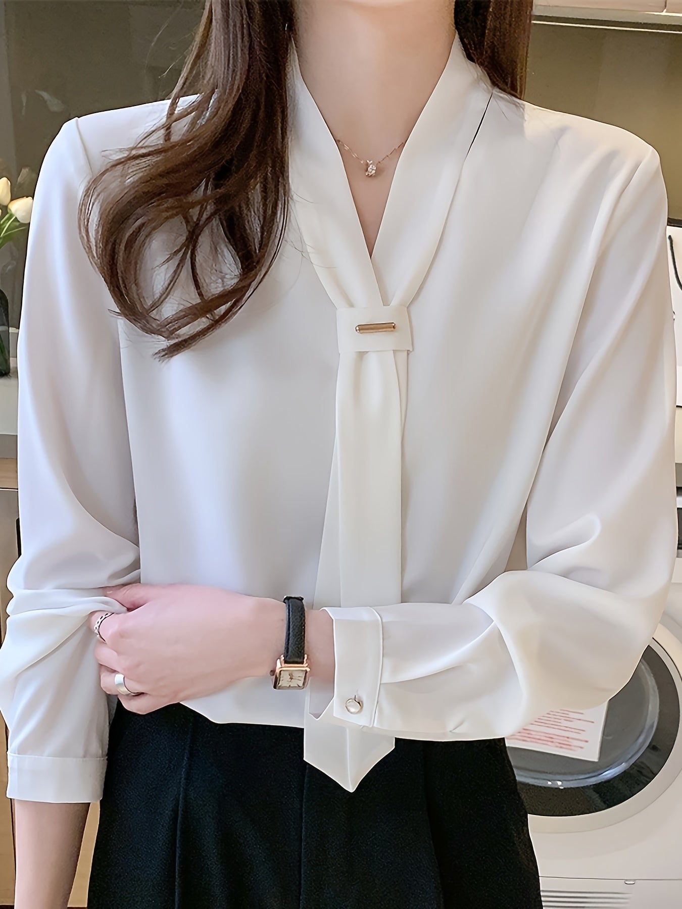 White Chiffon Blouse for Women Tie Neck Long Sleeve Solid Dressy Casual