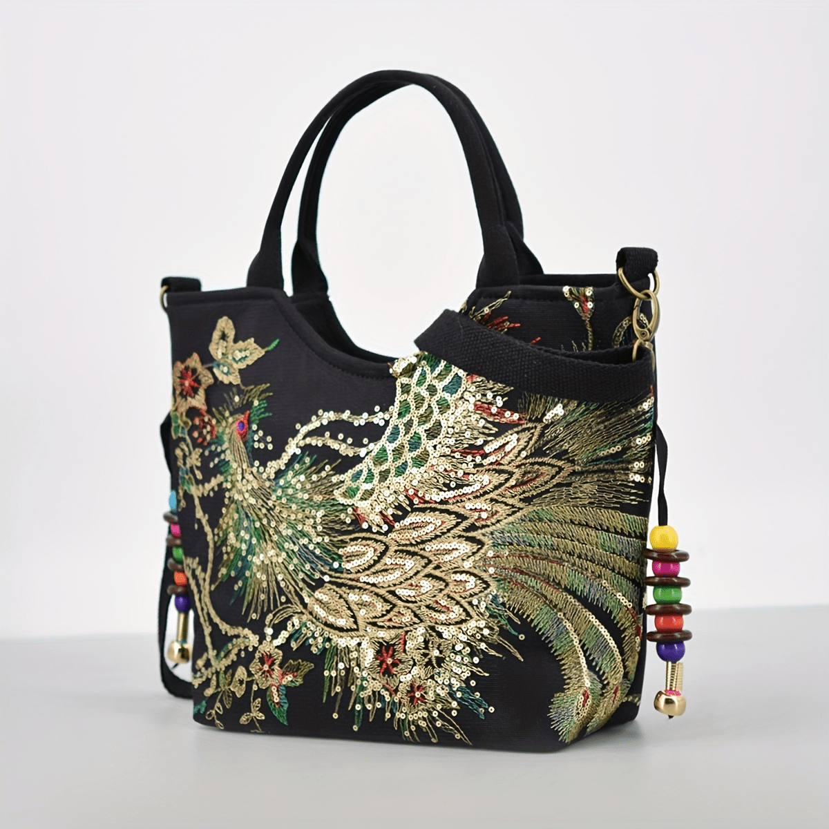 Embroidered Canvas Satchel Bag for Women with Double Handles and Removable Strap in Animal Print