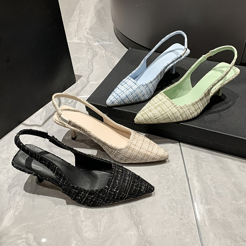 Элегантные сандалии на среднем каблуке-стилето с цветным блоком в клетку, покрытием из ПУ и резиновой подошвой.