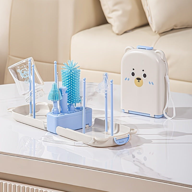 To'plamga maxsus yuvish uchun mo'ljallangan silikon portativ shisha cho'tkasi, drenaj tayoqchasini saqlash qutisi, sayohat tozalash cho'tkalari to'plami va teddy ayiq portativ tozalash cho'tkasi kiradi.