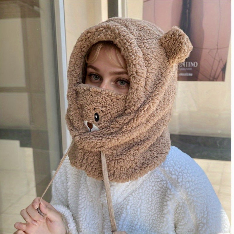 Women's Knitted Polyester Face Scarf Windproof Snowproof Neck Gaiter with Bear Design