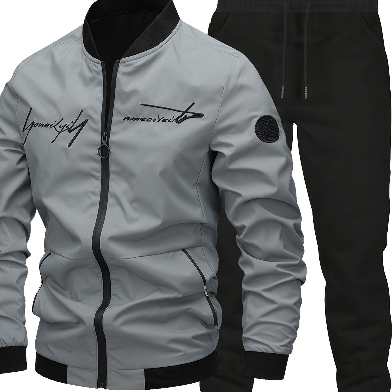 Men's Black Polyester Bomber Jacket and Jogging Pants Set with Letter Embroidery