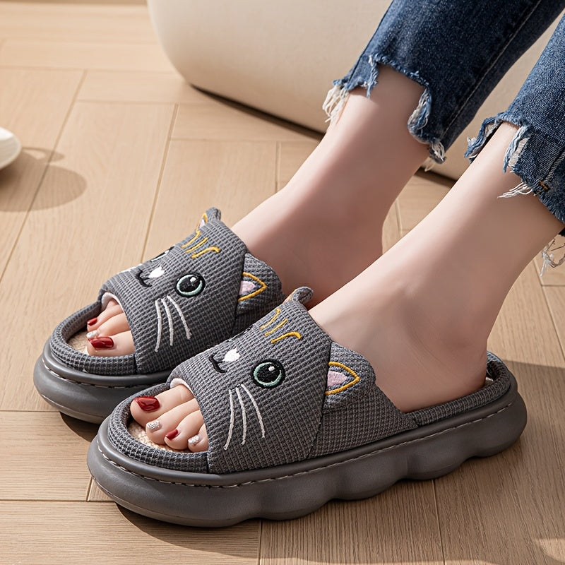 Women’s Slip-On Slippers with Cat Face Design, Soft Fabric, Indoor Shoes