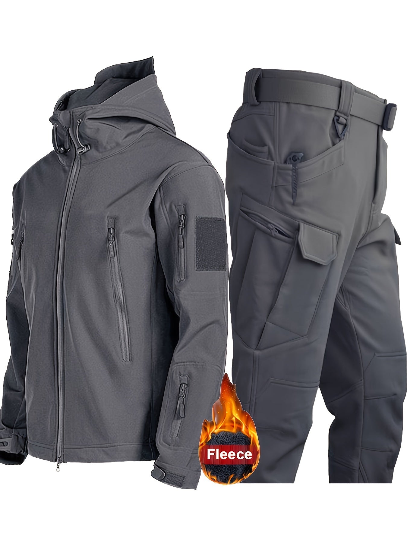 Men's Outdoor Sports Set Hooded Jacket with Multiple Pockets Solid Polyester Fall Winter