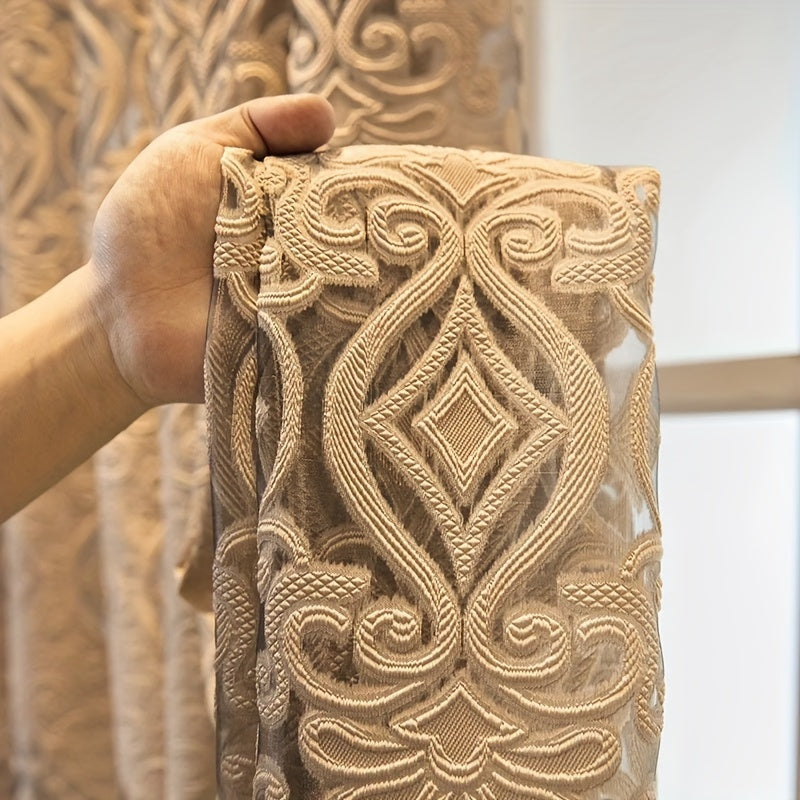 Sheer Curtains Set of 2 Brown and White European Villa Style Jacquard Embroidered for Living Room Bedroom