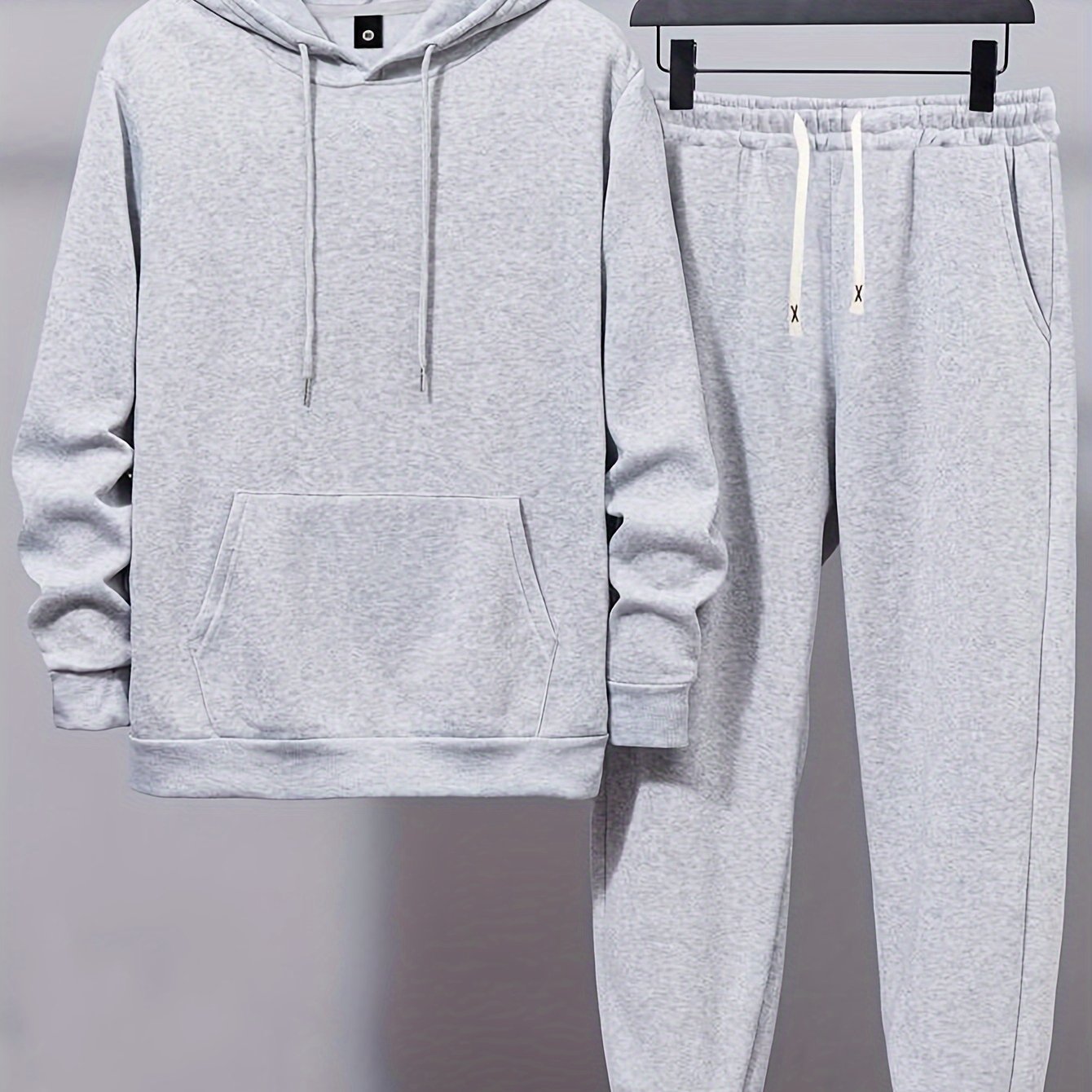 Men's Polyester Sweatsuit Set Hooded Sweatshirt and Joggers with Pockets Solid Color Regular Fit for Spring Fall