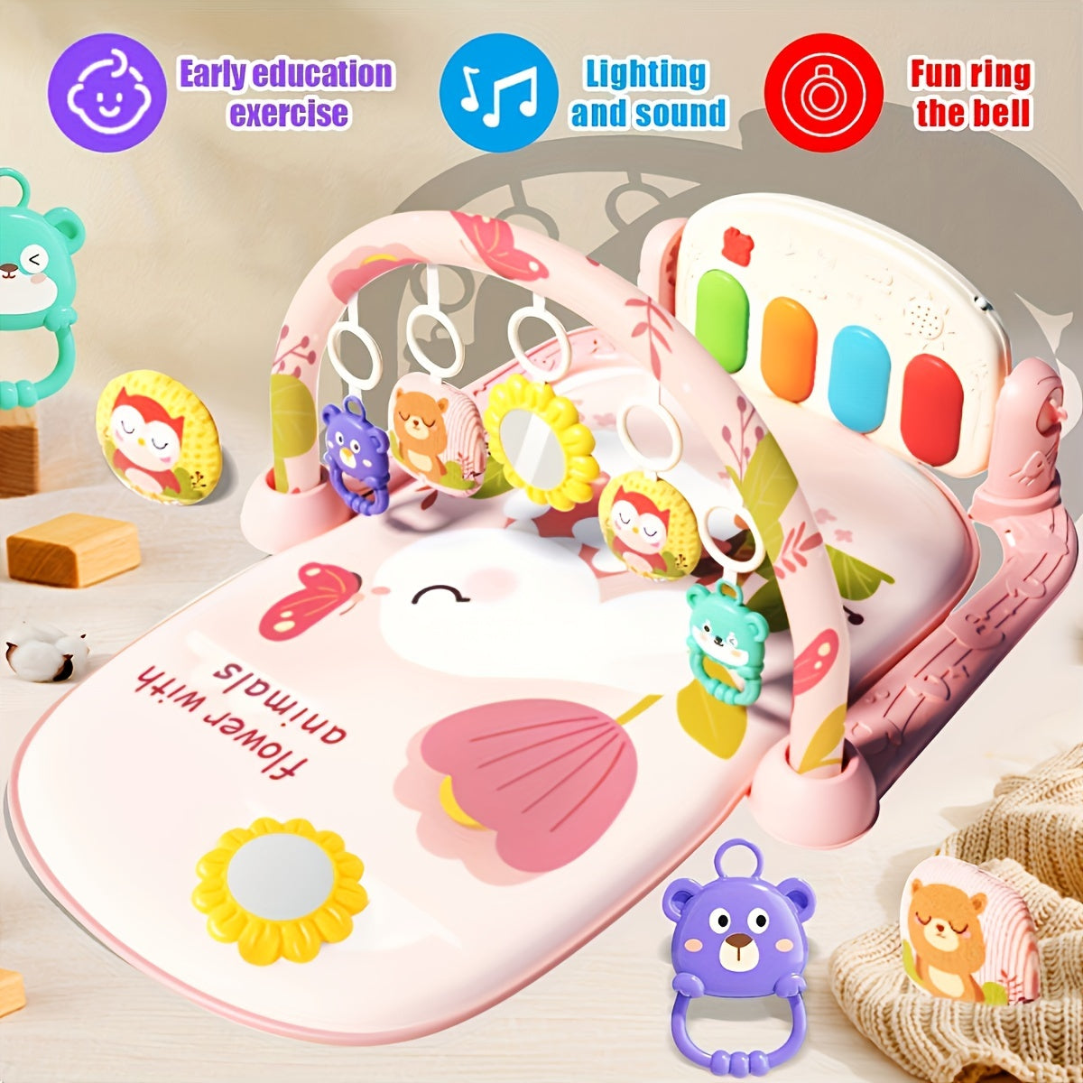 Baby Play Mat for Toddlers Ages 0-3 with Music Piano and Rocket Design in Blue Red Green