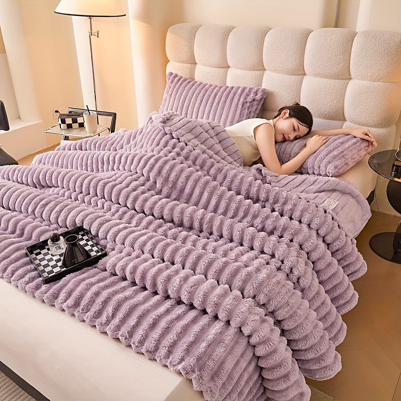 Striped Faux Fur Throw Blanket Cozy Knitted Polyester Bedspread for Sofa and Travel