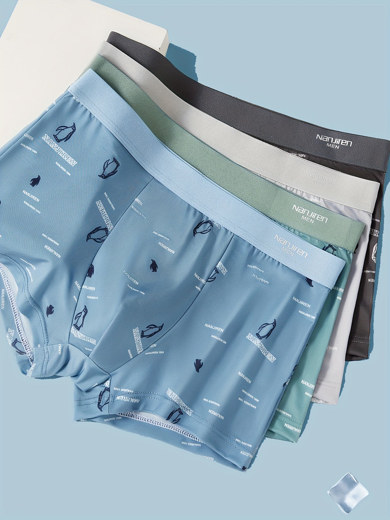 Men's Quick-Dry Penguin Print Underwear 5-Pack Shorts Polyester Spandex