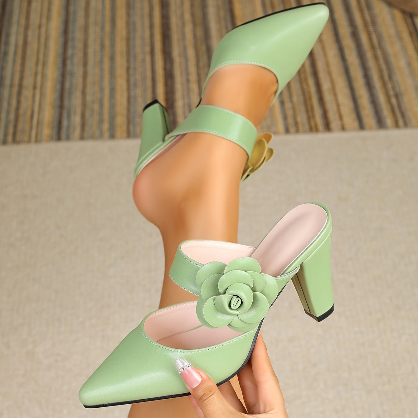Women Green Block Heel Pumps with Floral Ankle Strap Dress Shoes