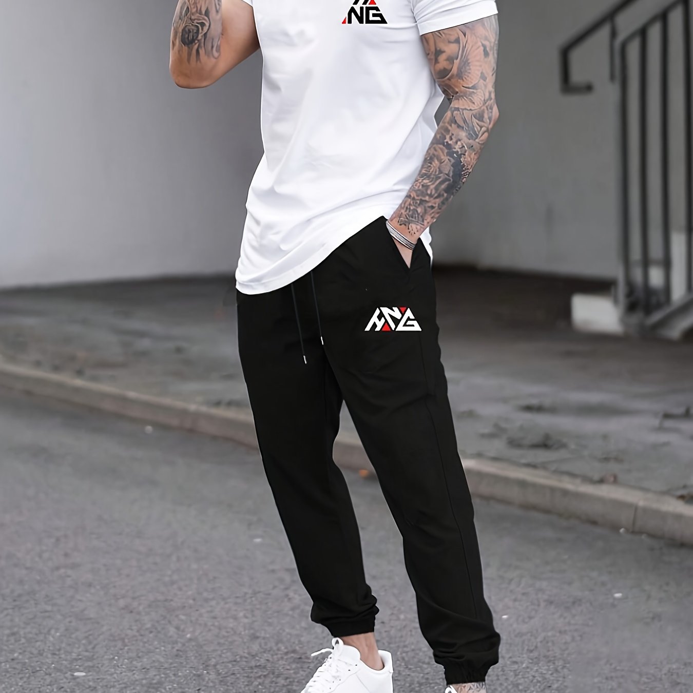 Men's Casual Summer T-Shirt and Joggers Set Polyester Stretchy Alphabet Print