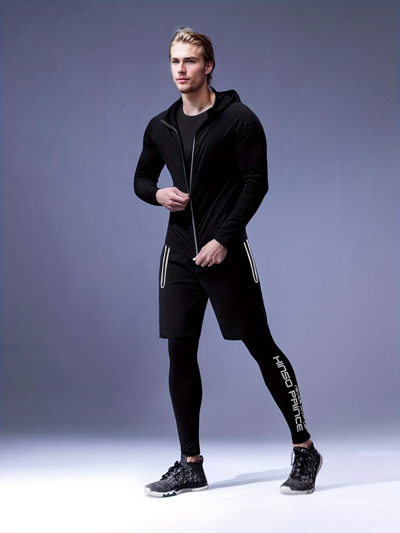 Men's Athletic Set Hoodie Shorts Leggings Quick-Dry Stretch Sports Casual Outdoor