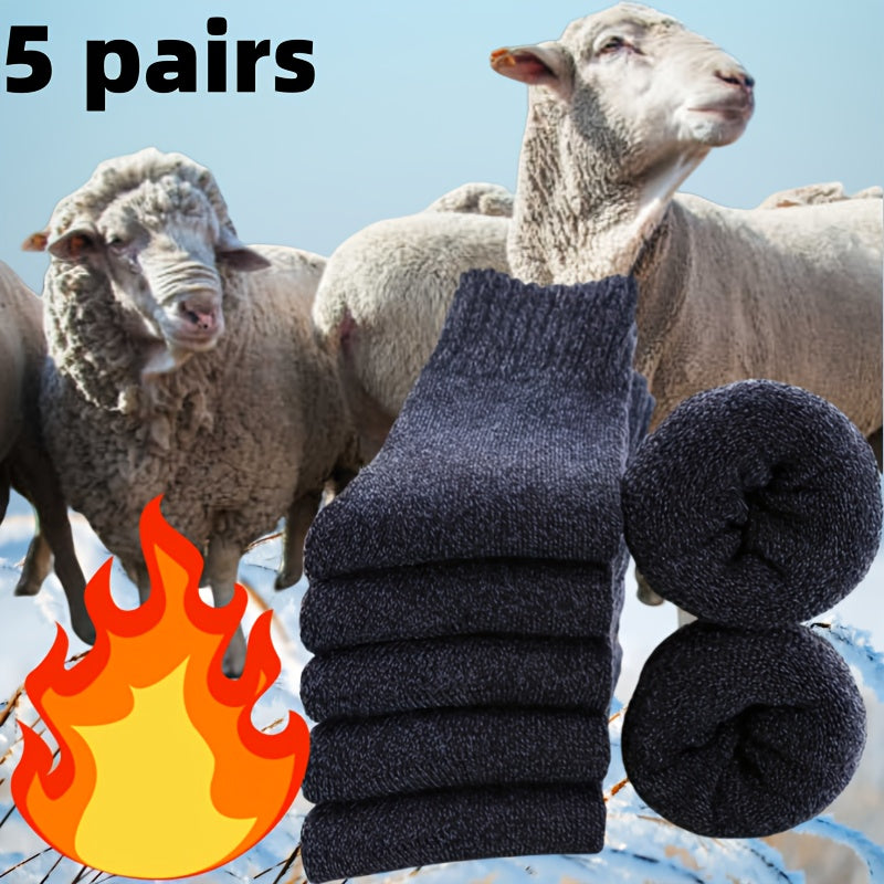 Men's Wool Blend Mid-Calf Winter Socks Set of 5 Solid Colors Warm Casual Gift-Ready