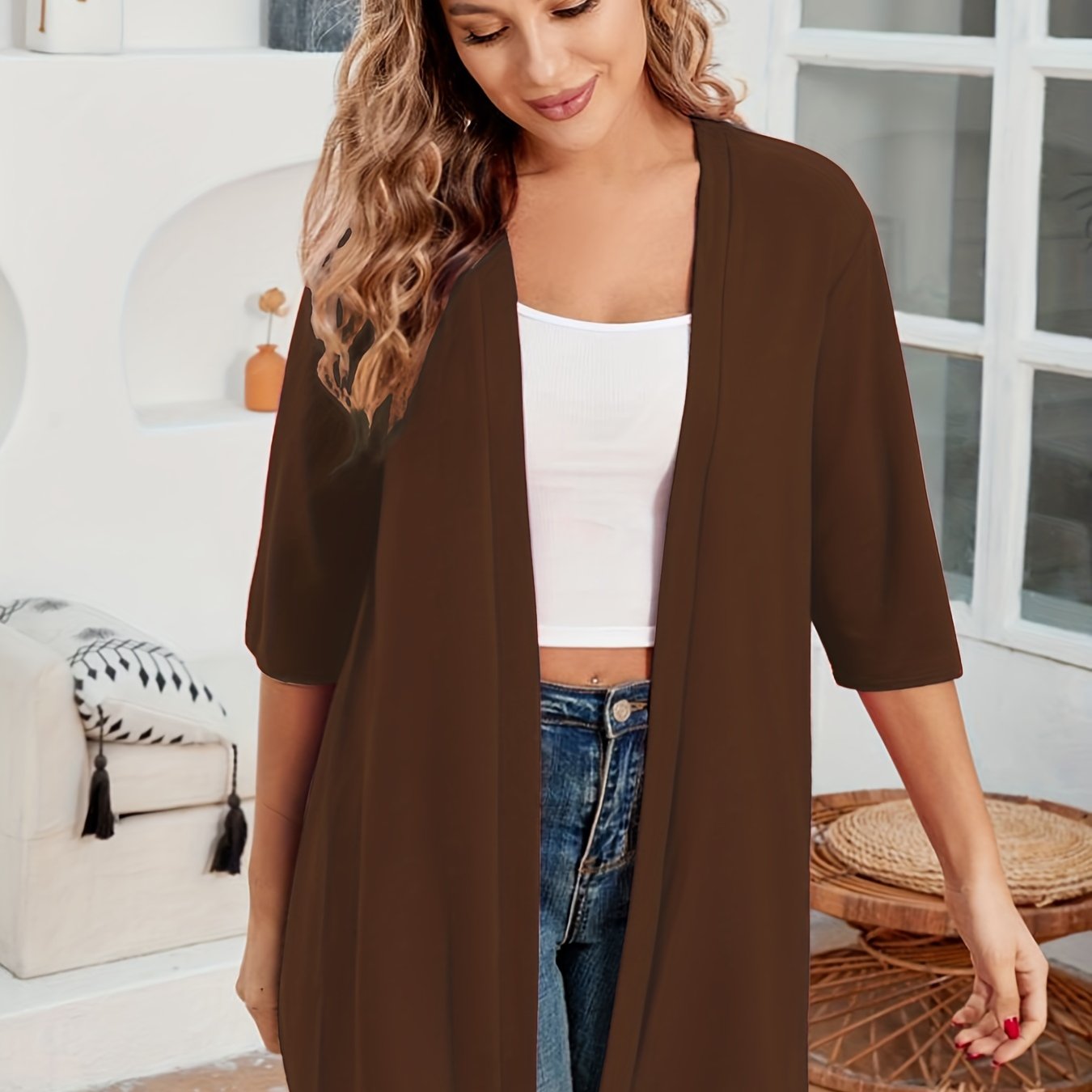 Plus Size Women's Cardigan Open Front Solid Color Half Sleeve Fall Winter