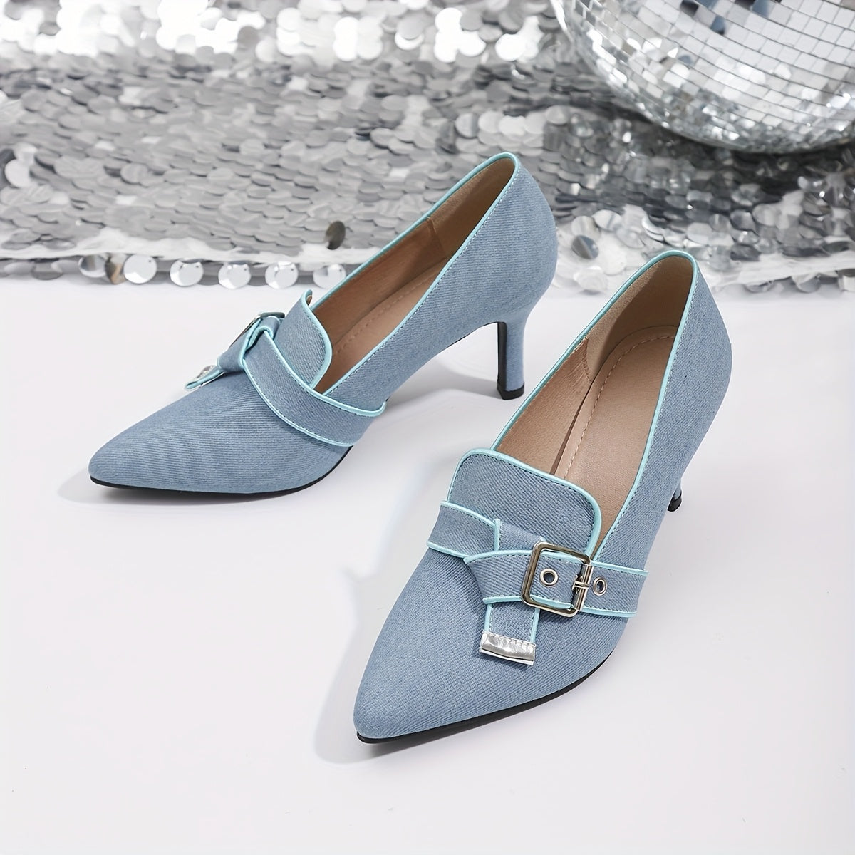 Women's Blue Pointed Toe Mary Jane Heels with Block Heel and Cushioned Insole