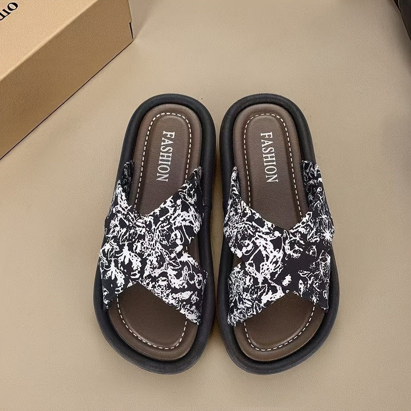 Ayollar uchun gullar bilan bosilgan slip-on sandallar qora va oq, barcha mavsumlar uchun EVA