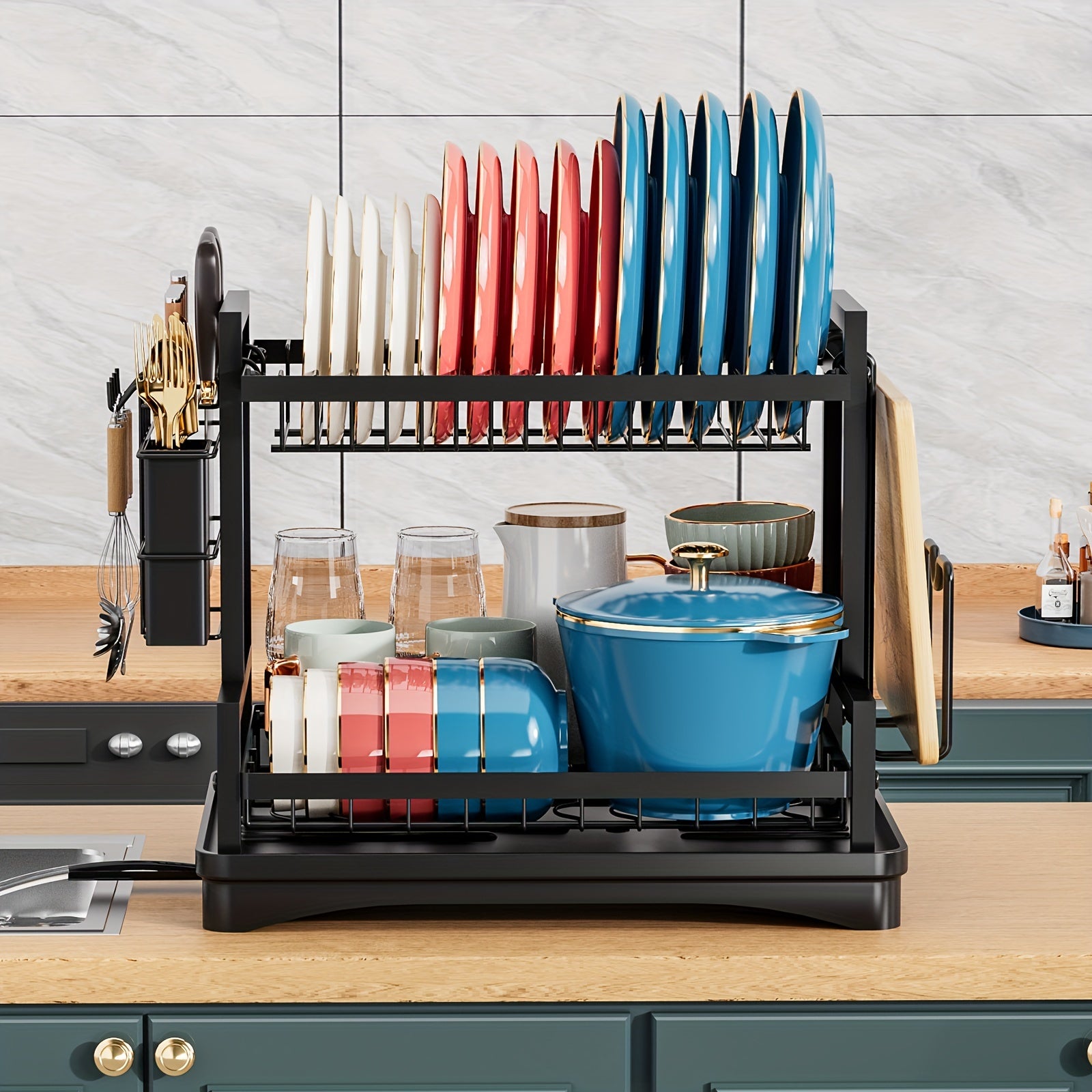 2-Tier Dish Draining Rack with Cutlery Holder Anti-Rust Black Metal Kitchen Organizer