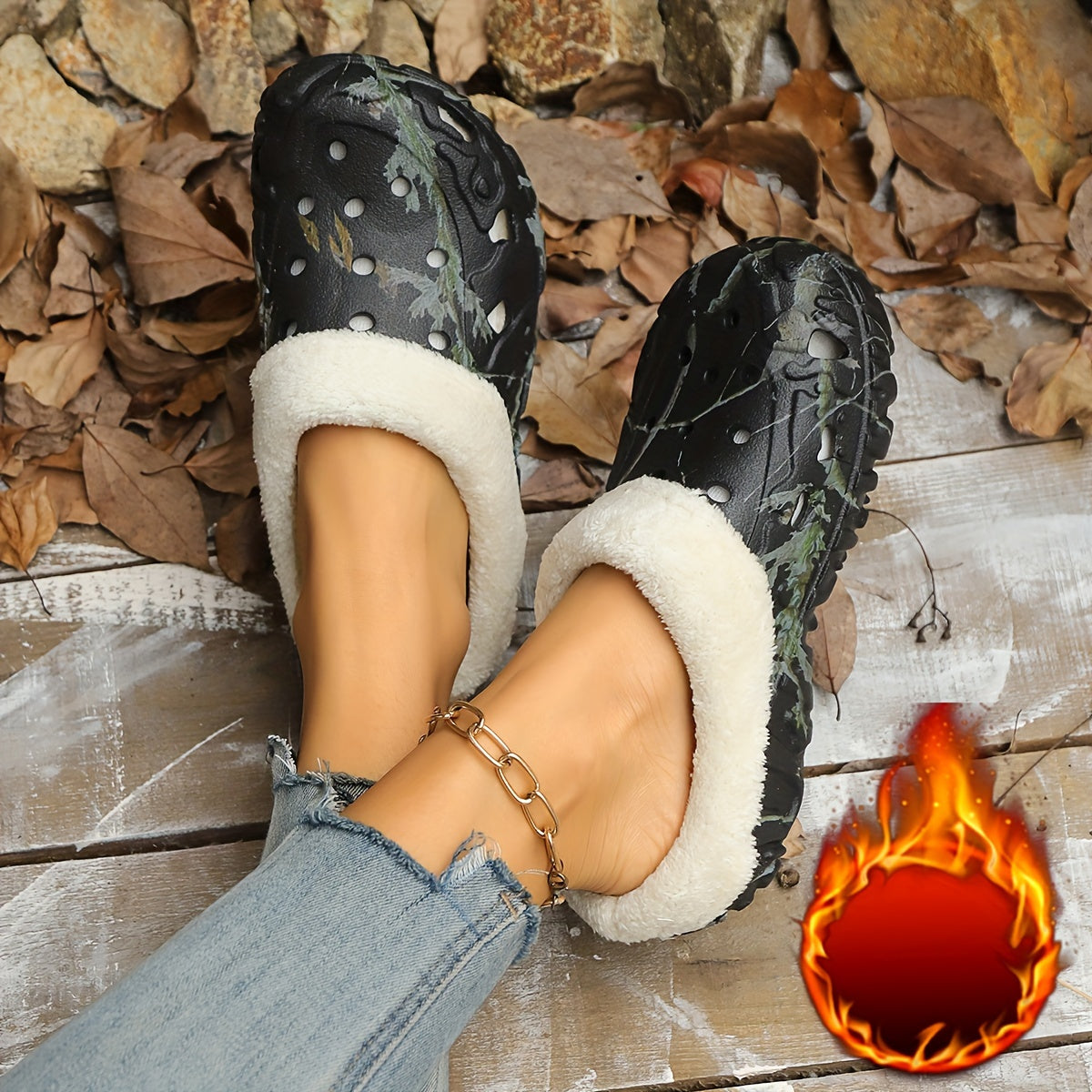 Women's Camouflage EVA Slip-On Shoes with Plush Faux Fur Indoor Outdoor