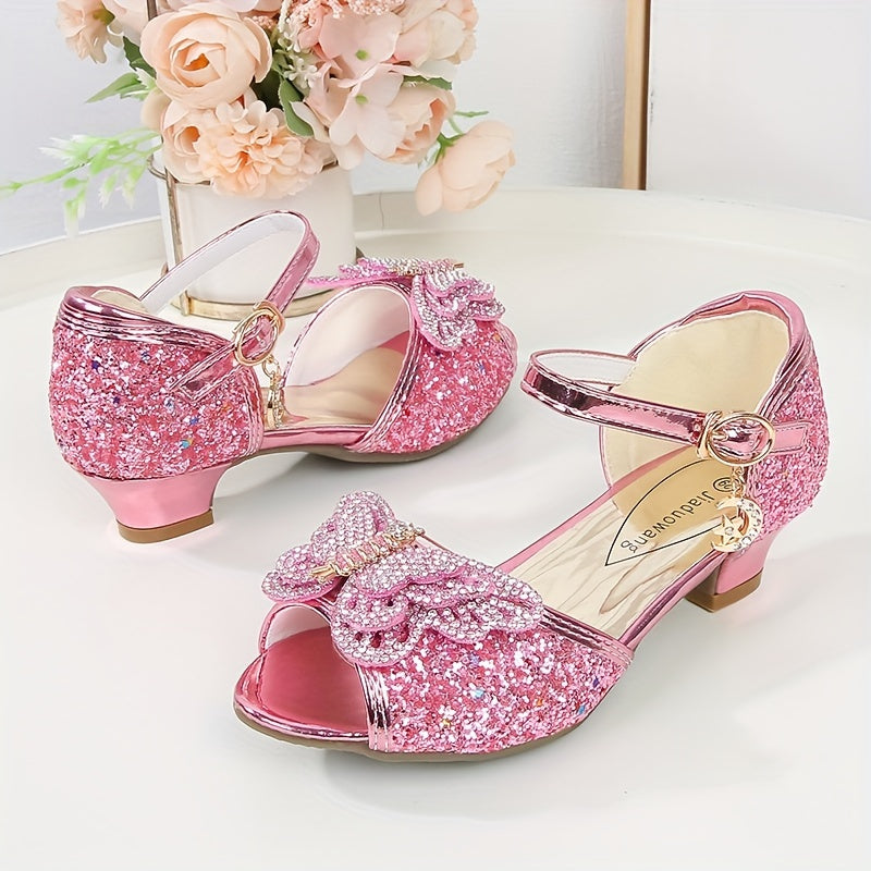 Девочки летние туфли-танцевальные на каблуке в стиле бабочка принцесса с пайетками и пряжкой