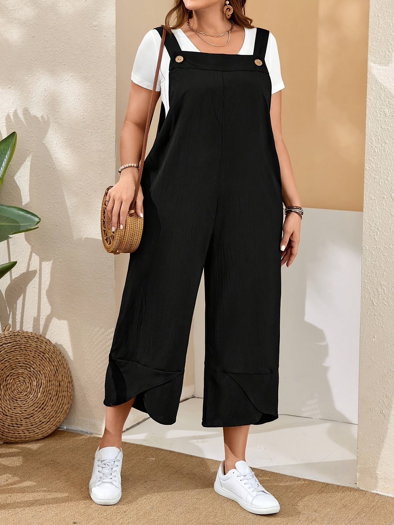 Plus Size Womens Black Jumpsuit with Pockets and Gold Buttons for Work or Casual