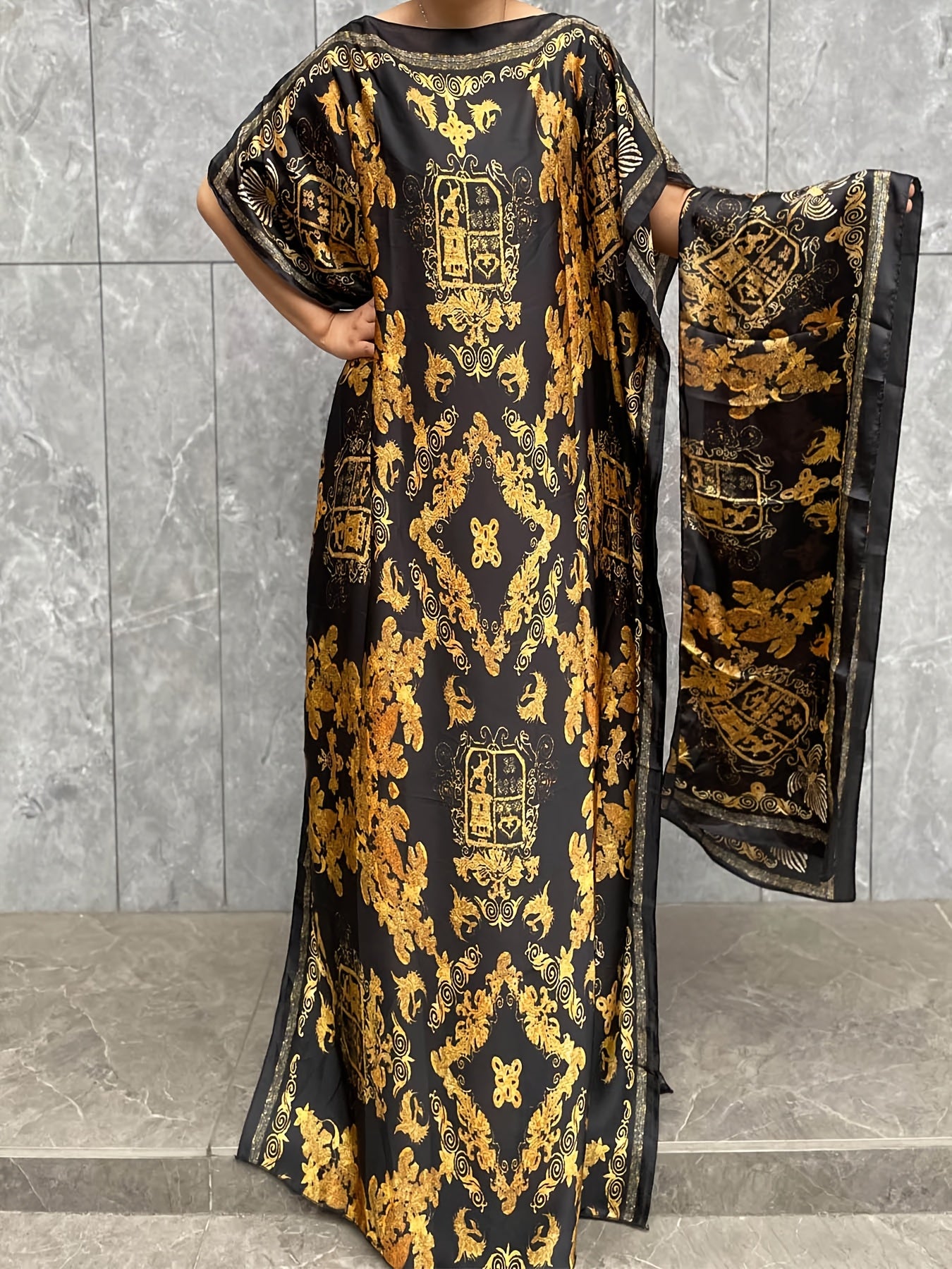 Ayollar uchun katta o'lchamdagi gul bosma tunika kiyiwi va sharf, polyester, barcha mavsum uchun