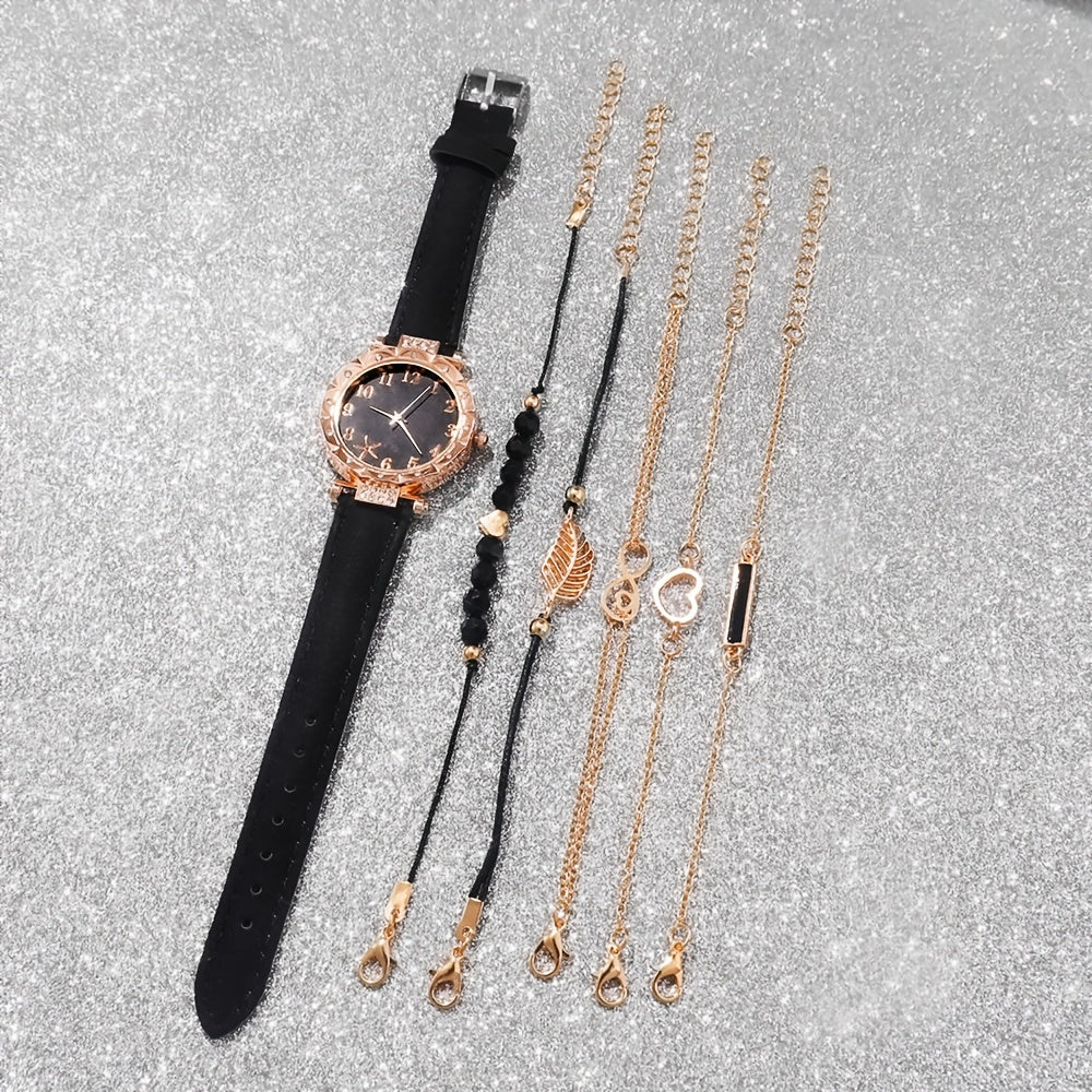 6 ta ayollar moda soatlari va bilakuzuklar to'plami, kvarts, rhinestone, sun'iy charm, gulli qobiq bilan