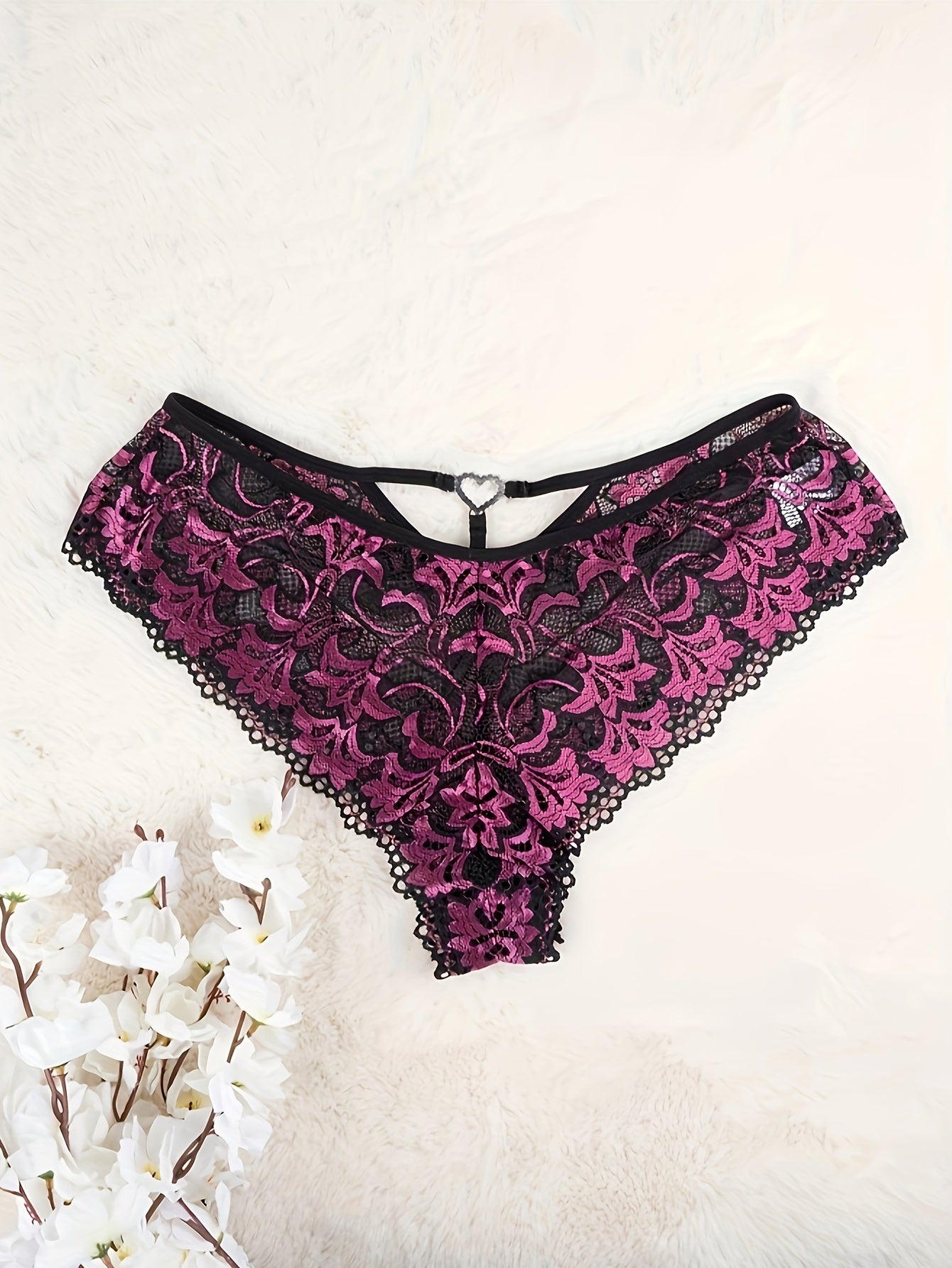 Plus Size Women's Sheer Lace Floral Thong with Heart Design Breathable