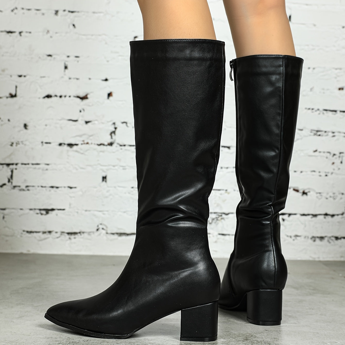 Women's Black Ankle Boots with Block Heel Pointed Toe Zipper