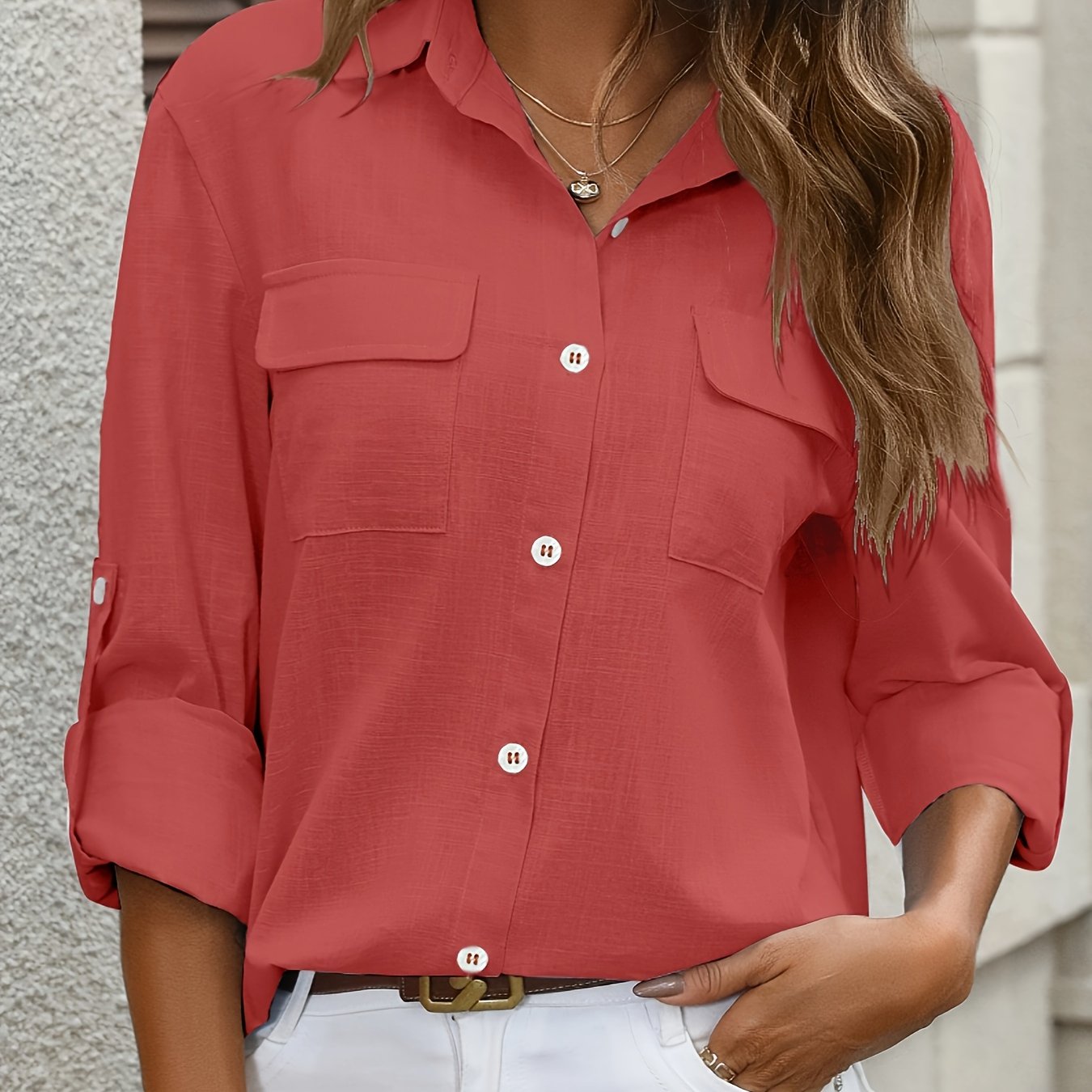 Women's Cotton Long Sleeve Shirt with Pockets and Button-Up Collar