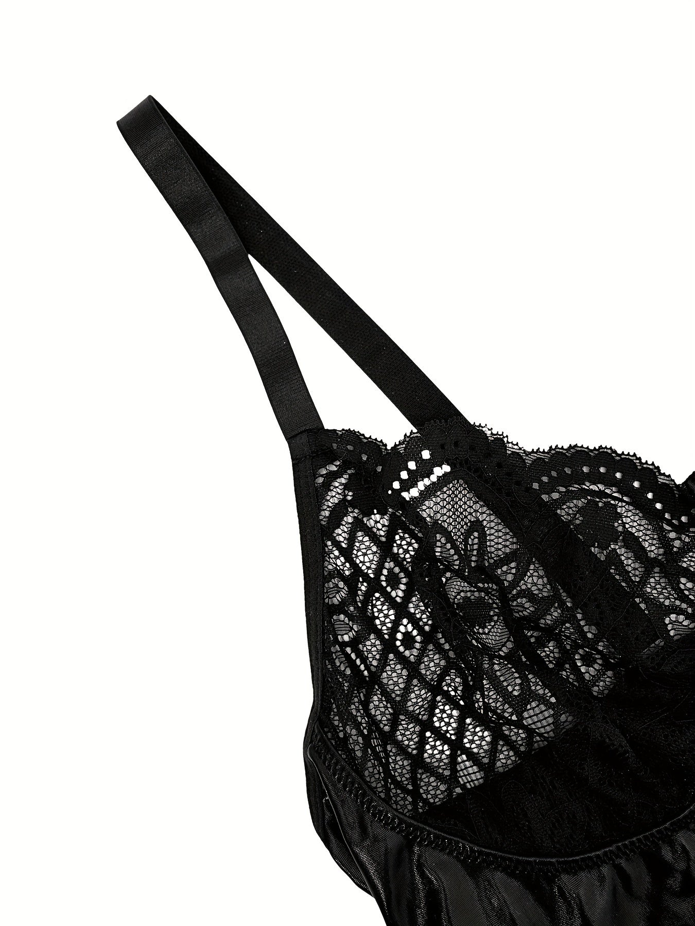 Women's Lace-Trimmed PU Slip Dress and Thong Set Semi-Sheer Stretchy Polyester