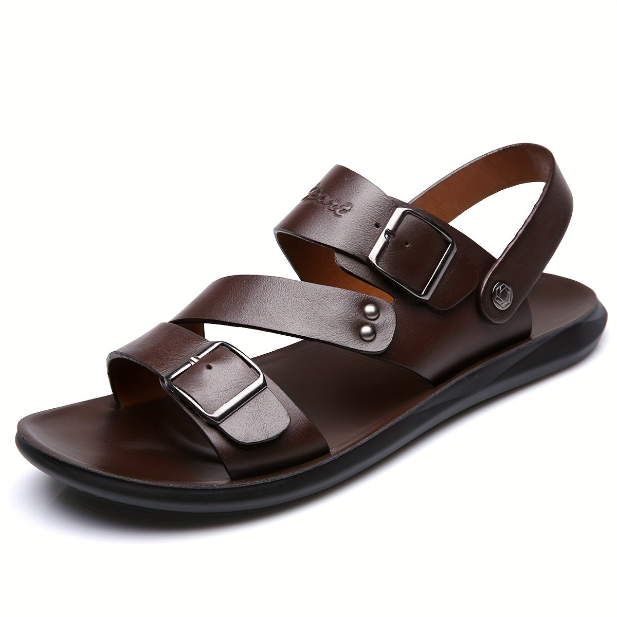 Men's Brown Casual Slip-On Sandals with Rubber Sole Adjustable Buckle