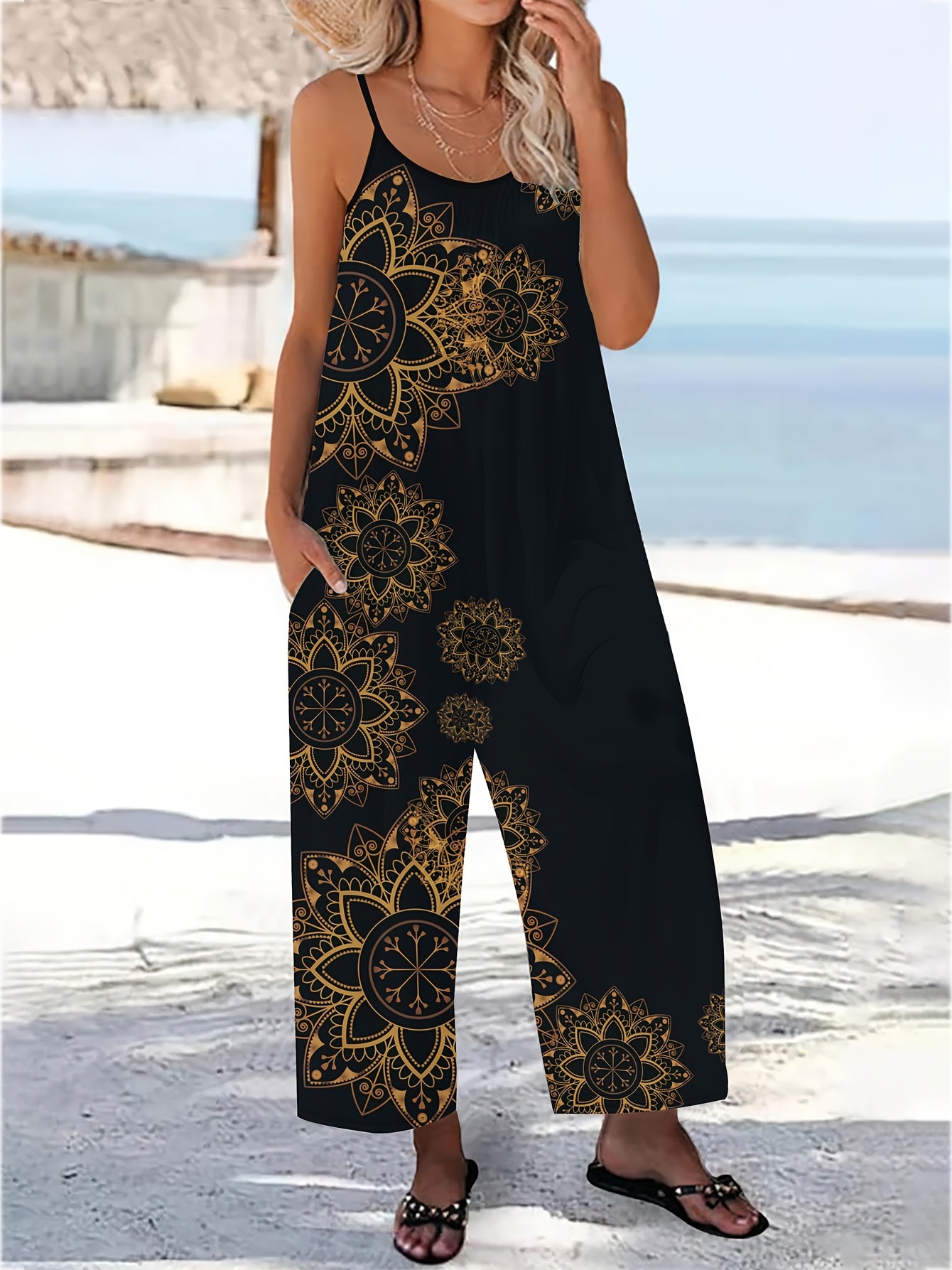 Mono sin mangas para mujer con bolsillos negro y dorado para todas las estaciones, no elástico