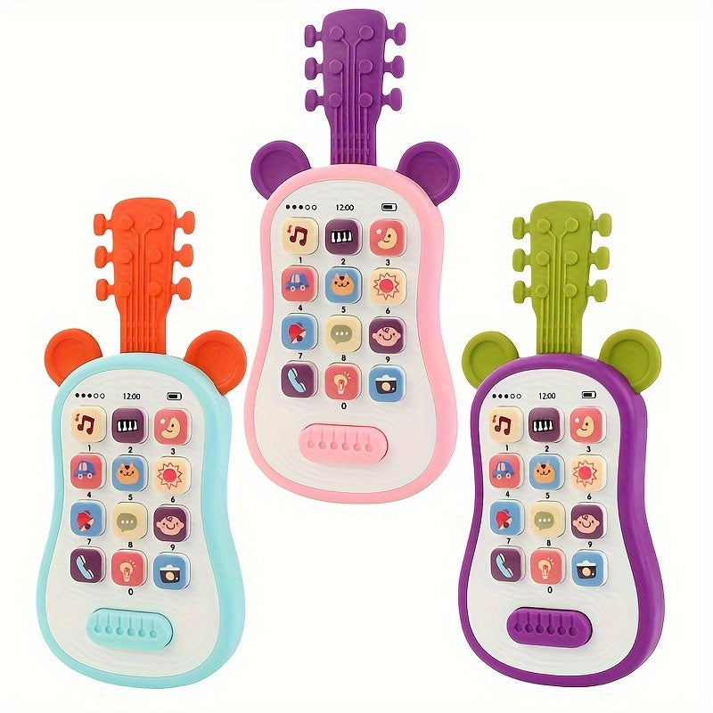 Guitarra de juguete para niños con luces, música, voltaje seguro, funciona con batería en azul, rosa y púrpura