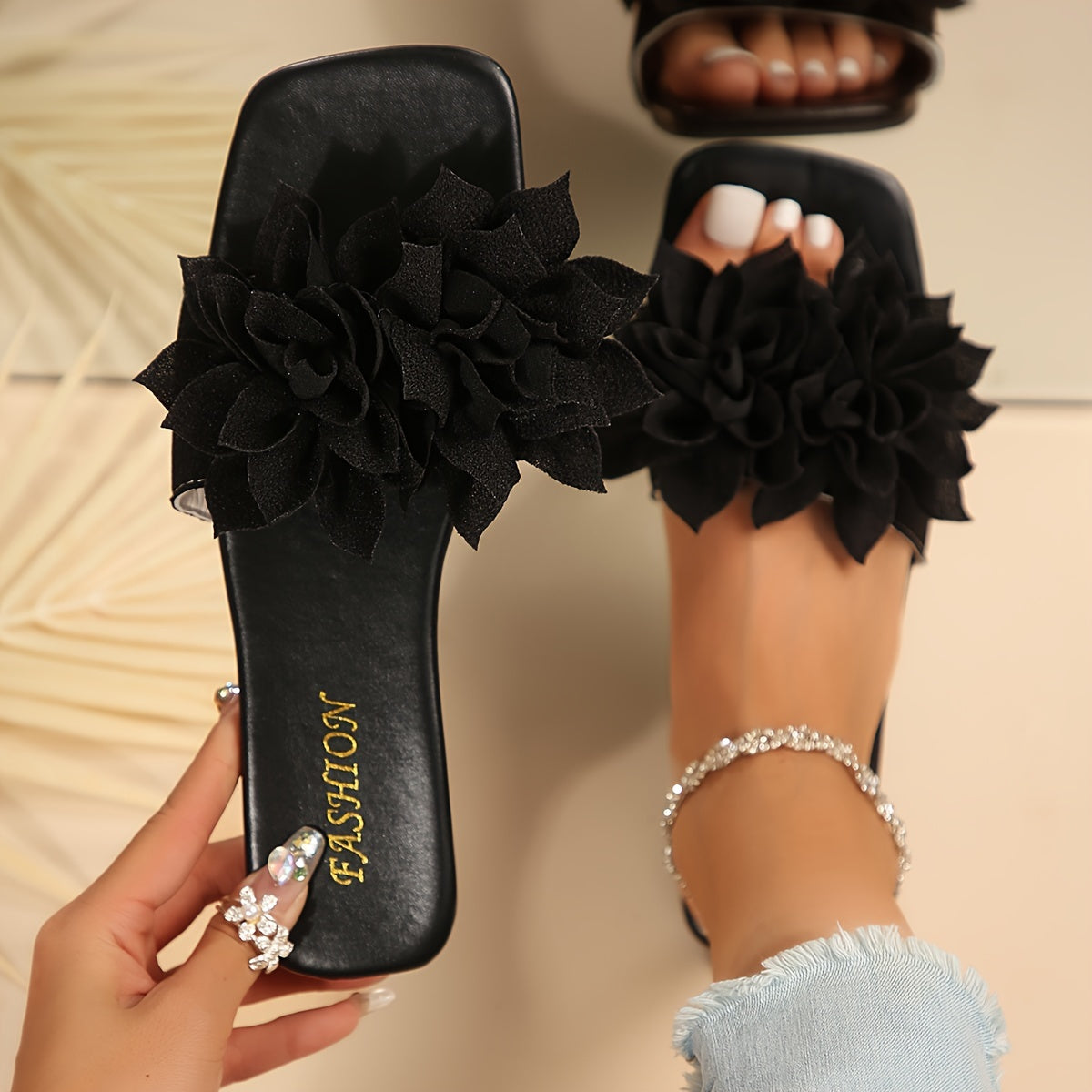 Women's Plus Size Leather Slide Sandals Flat Square Toe Summer Beach Shoes