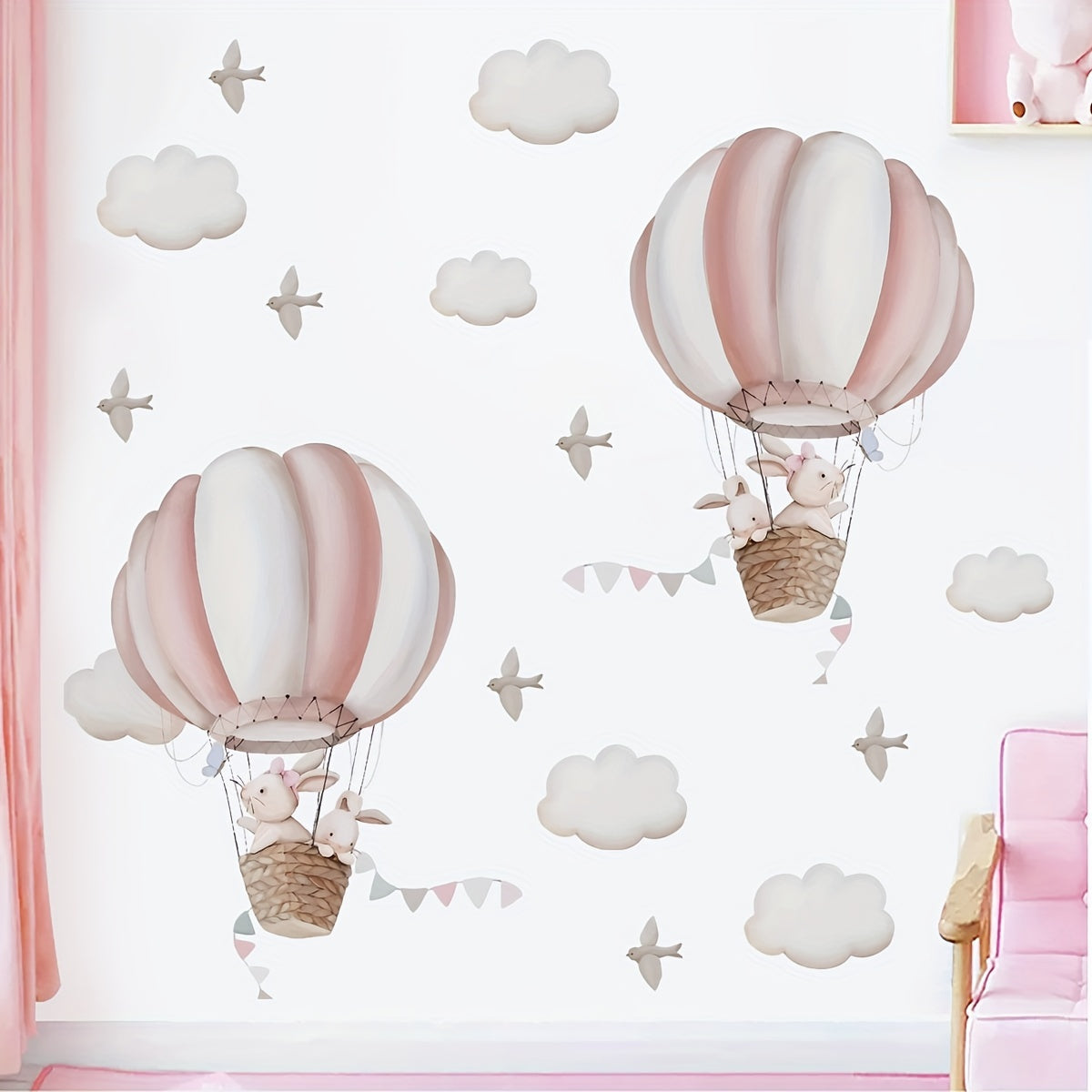 Adhesivos de pared para pequeños conejos, nubes y pájaros en globos aerostáticos, decoración para dormitorio y sala de estar