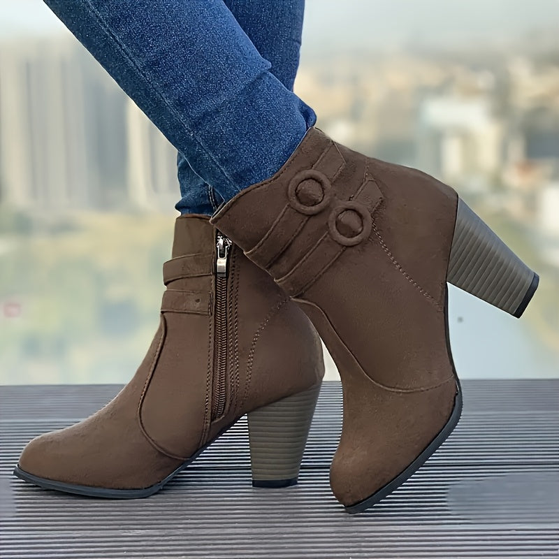 Women Red Ankle Boots with Chunky Heel Zipper Pointed Toe