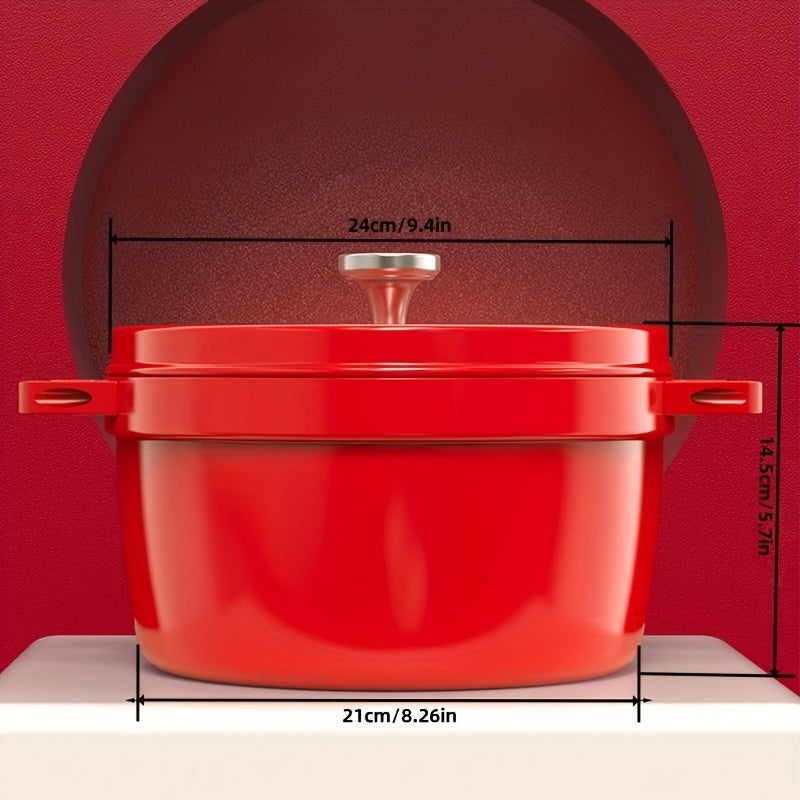 Red Cast Iron Stockpot 4L with Lid for Broth Stew and Cooking 24cm Compatible with Gas and Induction