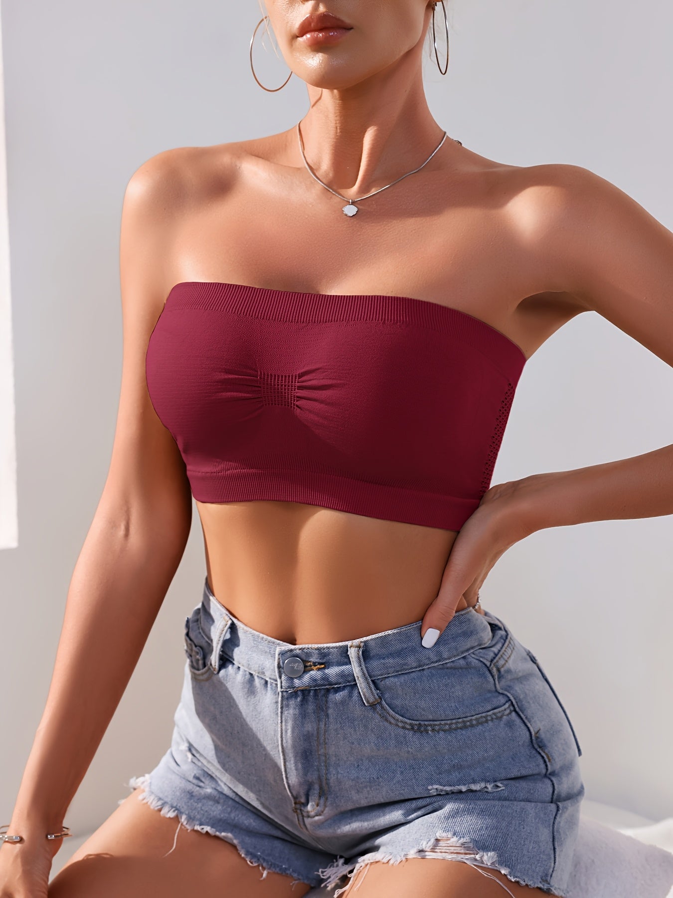 Women's Plus Size Non-Slip Seamless Mesh Bandeau Bra White Beige Burgundy Black