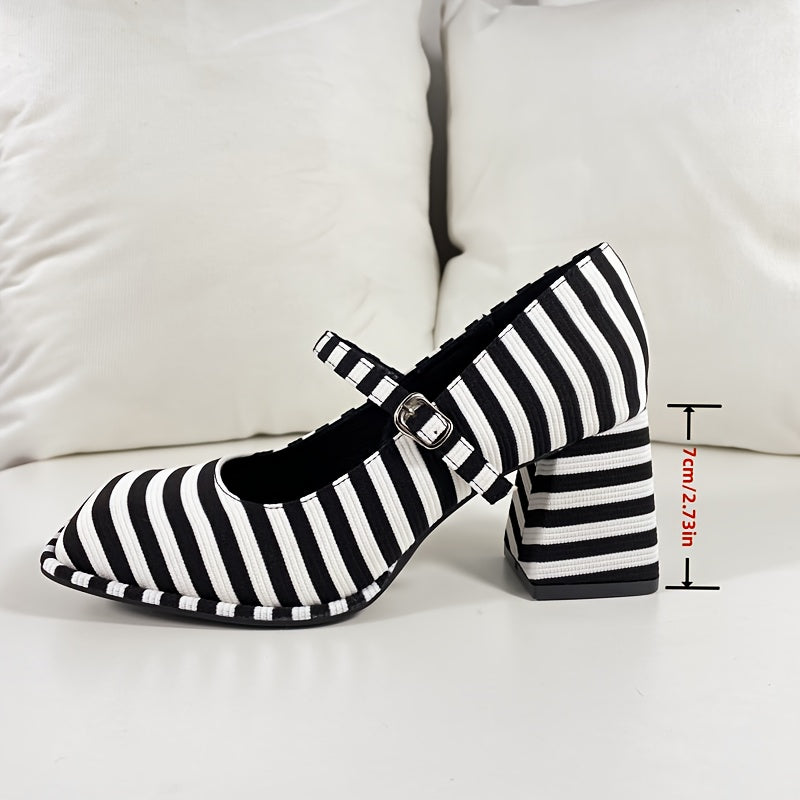 Women’s Striped Pattern Mary Jane Pumps Square Toe Block Heel