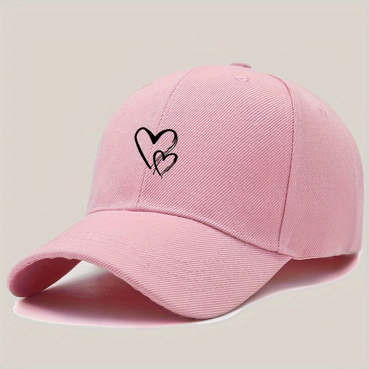 Women's Black Adjustable Baseball Cap with Love Heart Print Breathable Polyester Sun Hat