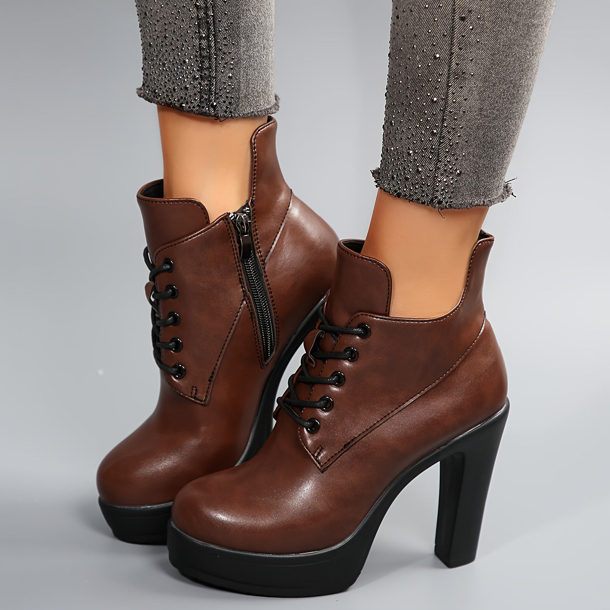 Women’s Black PU Platform Ankle Boots with Zipper, High Heel, Casual or Dress